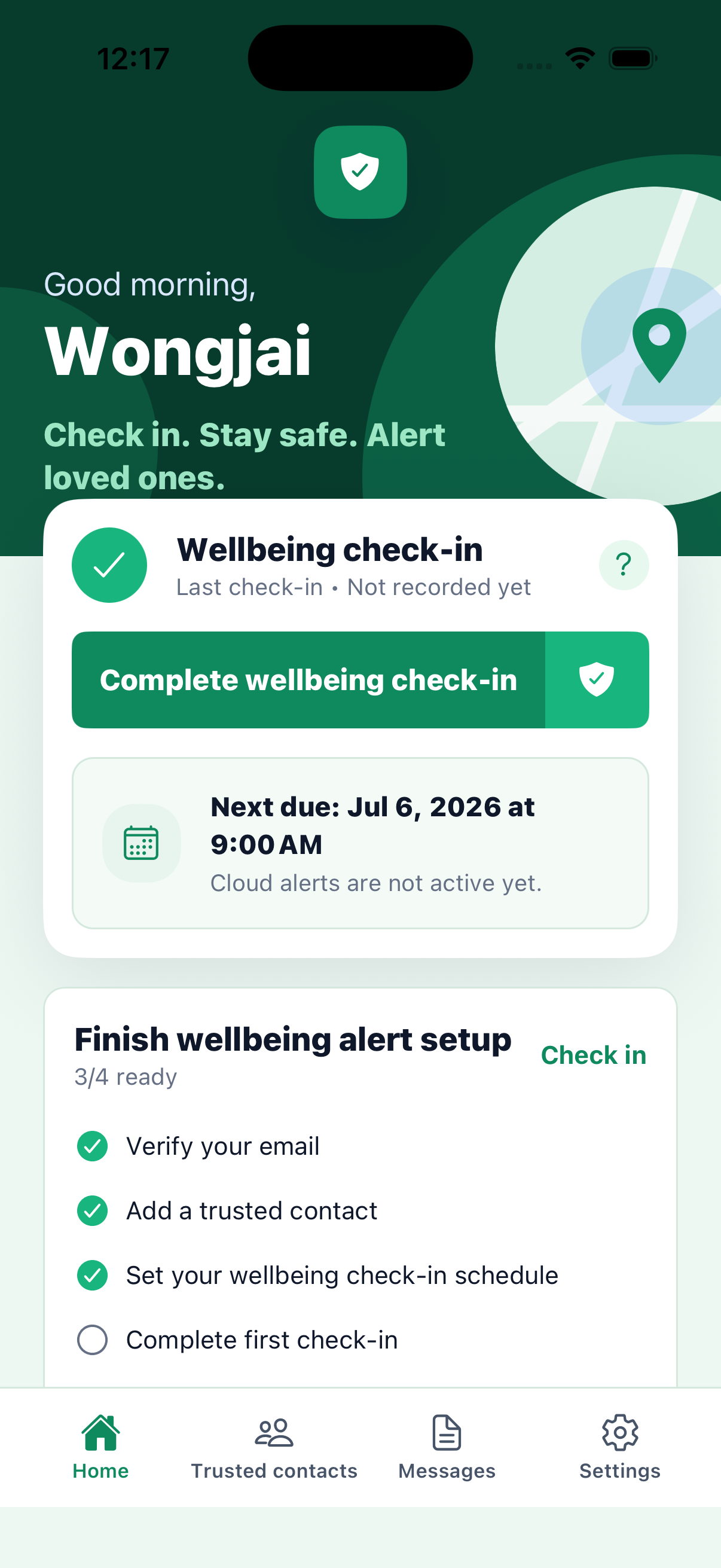 KinSignal app check-in screen preview